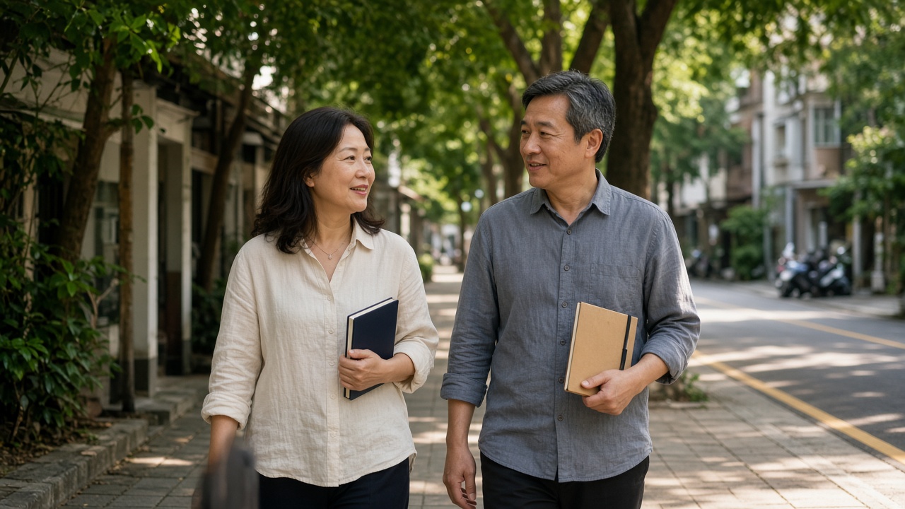 Two people walking and talking together on a leafy local street