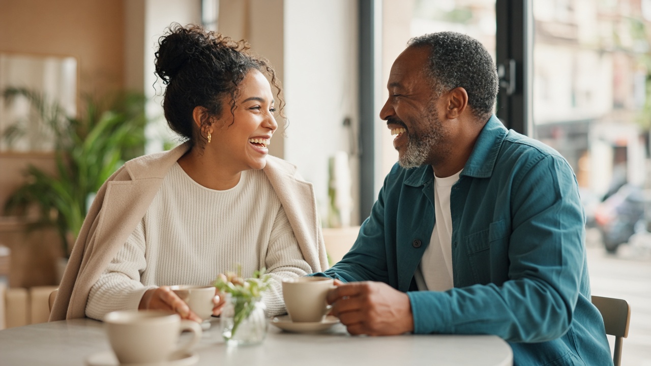 Two people talking over coffee in a sunlit local café
